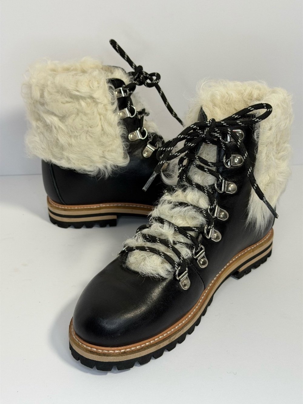 Cloud Nine Stella L9 Black Leather Curly Sheepskin Fleece Cuff Combat Boots Sz9